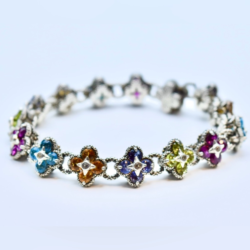 Barbara Bixby Multi Gemstone Flower Bracelet 925 Sterling Silver 18K Gold 7”